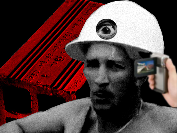 Colagem representando um Pedreiro que tem o "olho-objetiva" do filme "O homem com a câmera", de Diziga Vertov, no lugar do chácra conhecido como "terceiro olho
